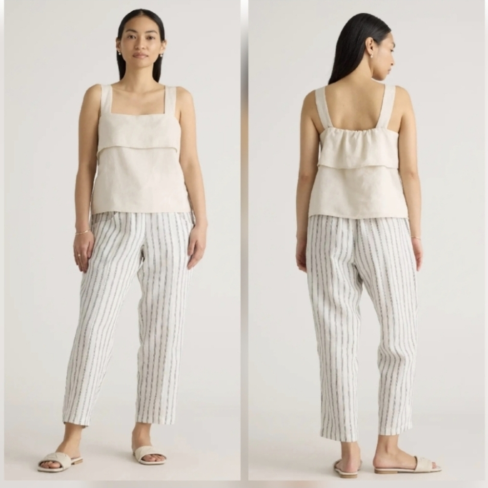 Quince S NWT 100% Linen Striped Pants Tapered Ankle Cream Black - Picture 2 of 7